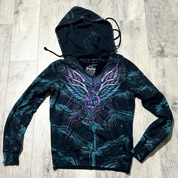 Sinful Affliction Angel Wings Graphic Punk Grunge Gothic Skull Emo Y2K hoodie - Picture 1 of 5